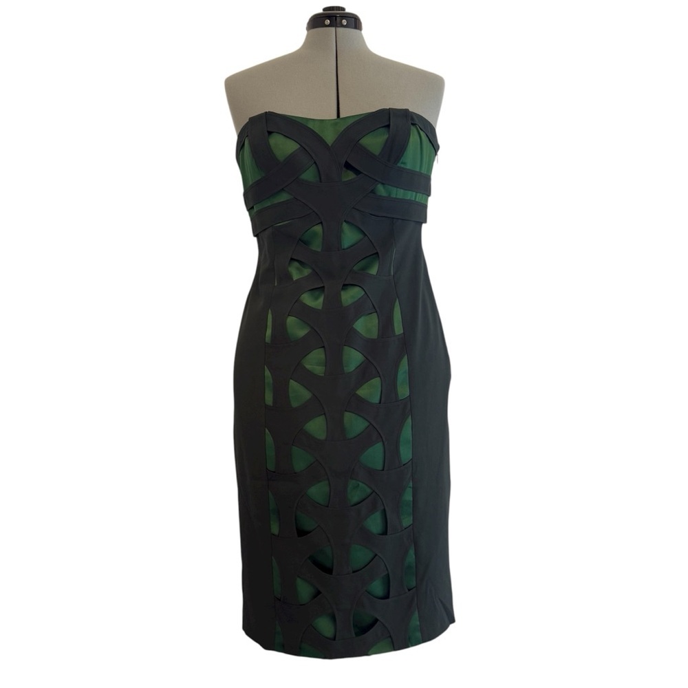 Karen Millen Green Silk Cocktail Dress Small Black Cutout Cage Strapless Sheath